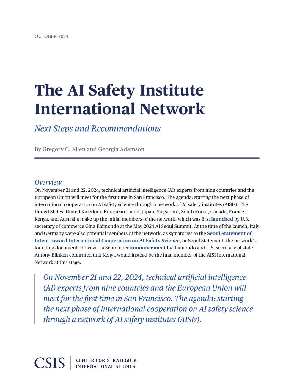 The AI Safety Institute International Network: Next Steps and Recommendations cover