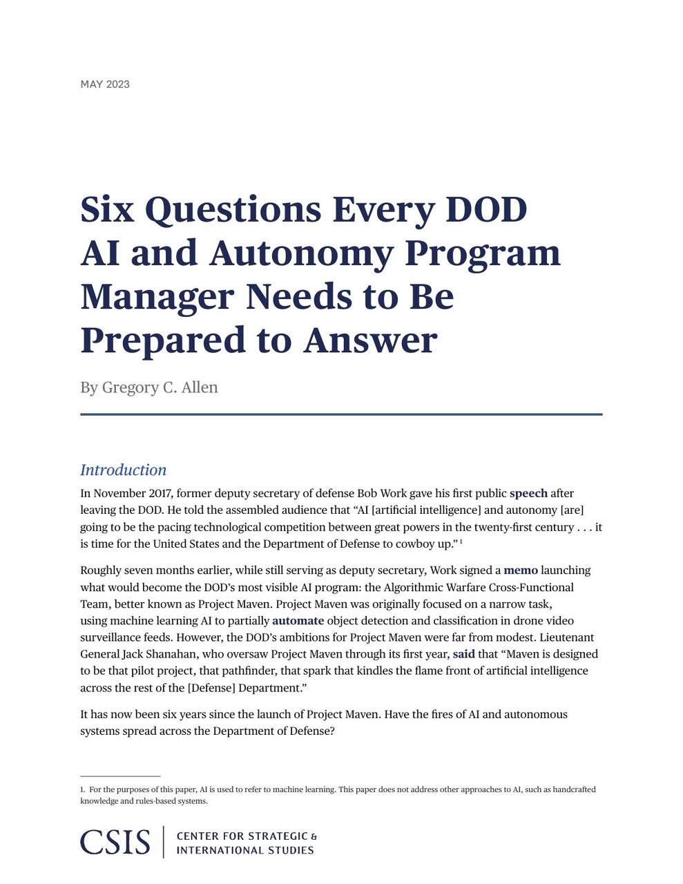 Six Questions Every DOD AI and Autonomy Program Manager Needs to Be Prepared to Answer cover
